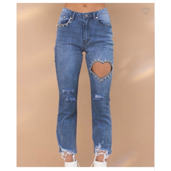 blue b Denim - Blue B Ankle Cropped Jeans with Heart Cutout and rhinestones